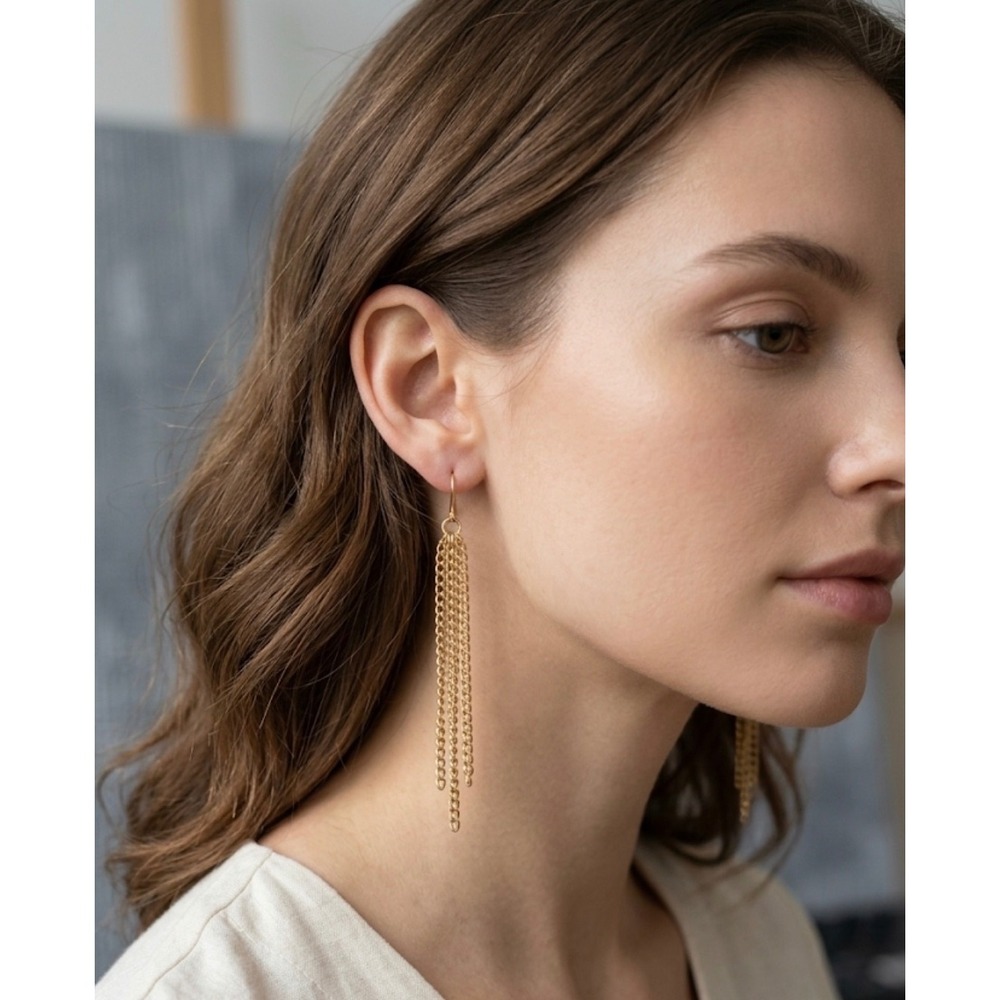 Gold Triple Chain Fringe Dangle Drop Earrings 3 Inch Boho Minimalist NEW‎